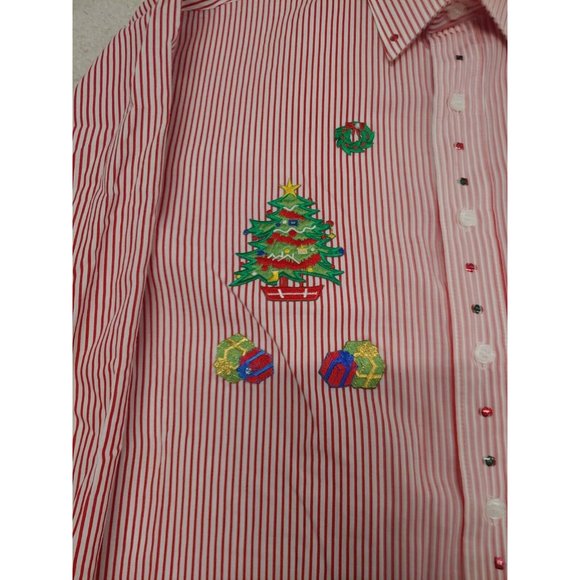 Mili Designs Button Up Shirt Women's M Red Striped Christmas Embroidered - Picture 5 of 15